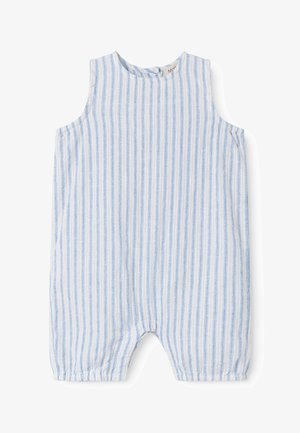 Dětský overal bez rukávů s vertikálními modrobílými pruhy, kulatým výstřihem a volným střihem, vyrobený z lehké látky.