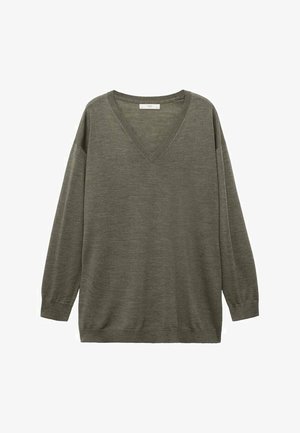 Olivgrüner V-Ausschnitt-Pullover aus weichem Material, mit langen Ärmeln, lockerer Passform und gerippten Bündchen und Saum.