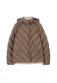 Veste matelassée marron à capuche avec surpiqûres diagonales, boutons-pression à l'avant et deux poches latérales.