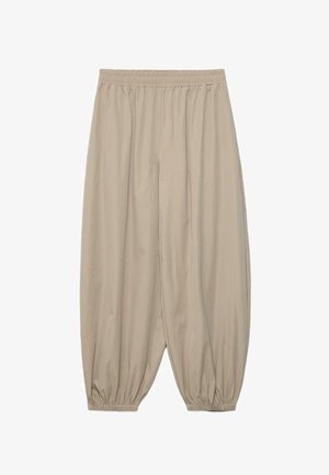 Pantaloni beige a taglio largo con vita elasticizzata e polsini elastici, progettati per un uso casual.