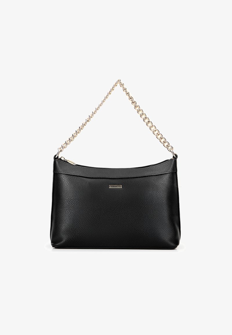 Schwarze Lederhandtasche mit texturiertem Finish, ausgestattet mit einem goldenen Kettenriemen und einem Reißverschluss. Minimalistisches Design mit einem Akzent des Markenlogos.