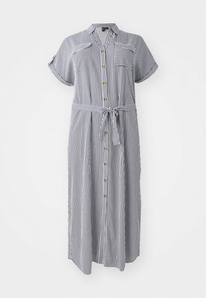Striped, button-up dress with short sleeves, a belt at the waist, and two chest pockets. Colors include navy and white.