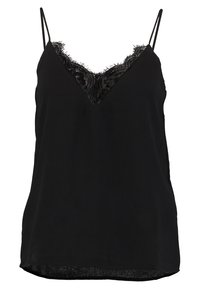 Camisole noire sans manches avec fines bretelles et col en V orné d'une bordure en dentelle noire.