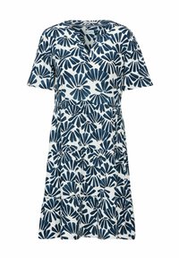 Abito stampato in bianco e blu navy, caratterizzato da maniche corte, scollo a V e un design a strati con un motivo floreale in tutto l'abito.