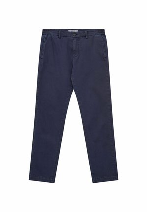 Pantaloni drepti bleumarin cu nasture și fermoar, buzunare laterale, bucle pentru curea și secțiuni elastice pe părțile laterale ale taliei.