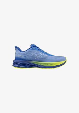 Scarpa da corsa Mizuno blu e giallo neon con suola spessa e ammortizzata e tomaia in mesh traspirante, progettata per il comfort e il ritorno di energia.