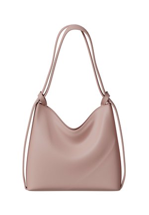Soft pink leather shoulder bag with double strap handles and a gently slouched, rounded rectangular shape.