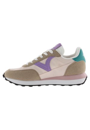 Sneaker featuring a tan suede and pink leather upper with purple and teal accents, white laces, and a black rubber sole.