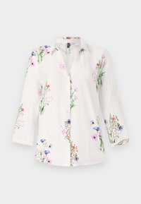White, button-up shirt with three-quarter sleeves, featuring a floral pattern in pink, blue, and green. Lightweight, textured fabric.