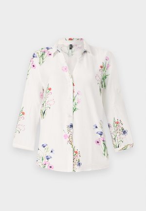 White, button-up shirt with three-quarter sleeves, featuring a floral pattern in pink, blue, and green. Lightweight, textured fabric.