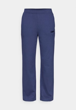 Pantaloni jogger blu navy realizzati in tessuto morbido, con vita elastica e logo ricamato sul lato sinistro. Design a gamba dritta.