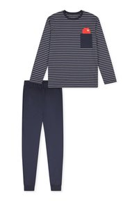 Gestreiftes langärmliges Hemd in Marineblau und Creme mit einer Brusttasche, kombiniert mit einfarbigen, elastischen Marineblau-Hosen mit Gummibund. Aus Baumwollmaterial, lässiges Design.