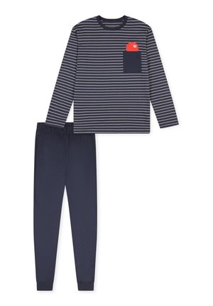 Chemise à rayures bleu marine et crème à manches longues avec une poche poitrine, associée à un pantalon élastique bleu marine uni. Matériau en coton, design décontracté.
