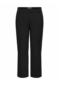 Pantaloni neri con una vestibilità su misura, caratterizzati da un design a gamba dritta, passanti per cintura e un tessuto liscio e non testurizzato.