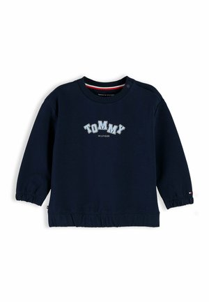Felpa per bambini a maniche lunghe blu navy con testo "TOMMY HILFIGER" sul davanti, polsini elastici e bottoni automatici sulla spalla.