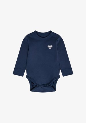 Langärmliger, marineblauer Body aus weicher Baumwolle, mit einem kleinen weißen Bienenmuster auf der Brust und Druckknöpfen im unteren Bereich.
