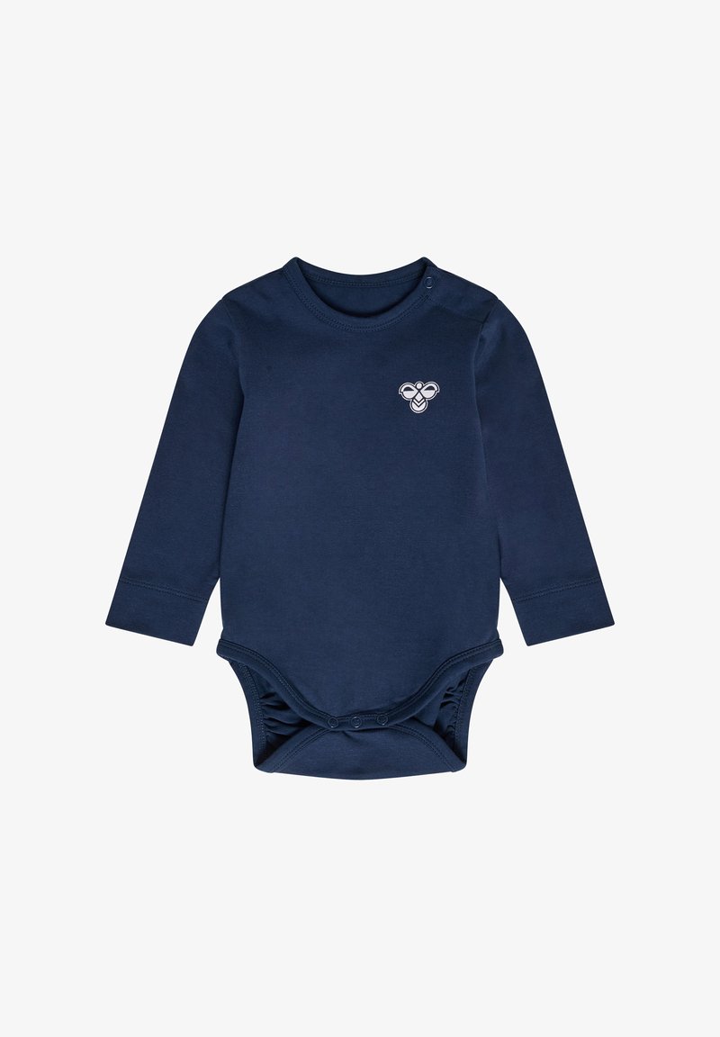 Langsleeve navyblauw bodysuit van zachte katoen, met een klein wit bijontwerp op de borst en drukknoopsluitingen aan de onderkant.