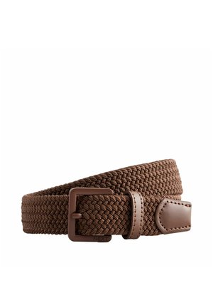 Brown woven fabric belt with rectangular metal buckle, leather loop, and stitched leather belt tip on a white background.