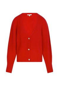 Roter Cardigan aus weichem Stoff, mit V-Ausschnitt, langen Ärmeln und drei dekorativen Knöpfen auf der Vorderseite, mit geripptem Saum und Bündchen.