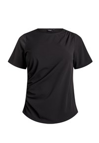 Czarna bluzka z krótkim rękawem, okrągłym dekoltem oraz subtelnymi marszczeniami po prawej stronie i blisko lewego ramienia.