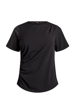 Crna bluza kratkih rukava s okruglim izrezom i suptilnim nabiranjem na desnoj strani i blizu lijevog ramena.