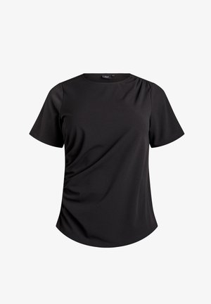Crna bluza kratkih rukava s okruglim izrezom i suptilnim nabiranjem na desnoj strani i blizu lijevog ramena.