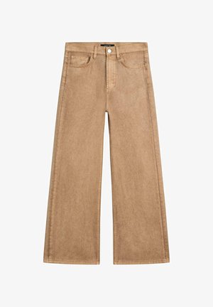 Weit geschnittene Jeans aus hellbraunem Denim mit glatter Textur, fünf Taschen und Knopfleiste. Ausgestattet mit sauberer Nahtführung und einem minimalistischen Design.