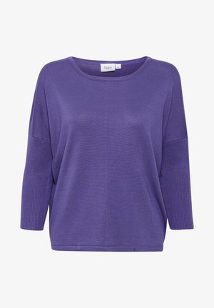 Lila, leichter Pullover mit Rundhalsausschnitt, 3/4-Ärmeln und geripptem Saum. Das Etikett trägt den Aufdruck "Saint" mit der Größenangabe "M."