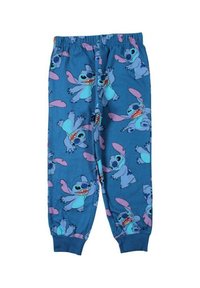 Pantalon de pyjama bleu présentant un motif répété d'un personnage de dessin animé avec de grandes oreilles et une expression malicieuse ; taille élastique, chevilles resserrées.