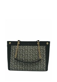 Borsa a spalla nera con motivo geometrico in crema sul fronte, tracolla a catena e dettagli metallici. Realizzata in materiale testurizzato, con hardware dorato.