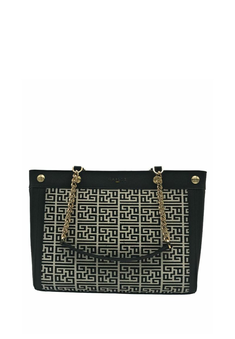 Borsa a spalla nera con motivo geometrico in crema sul fronte, tracolla a catena e dettagli metallici. Realizzata in materiale testurizzato, con hardware dorato.