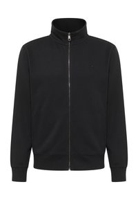 Giubbotto nero con zip e collo alto, realizzato in tessuto morbido. Presenta polsini e orlo a coste, e un piccolo logo sul petto.
