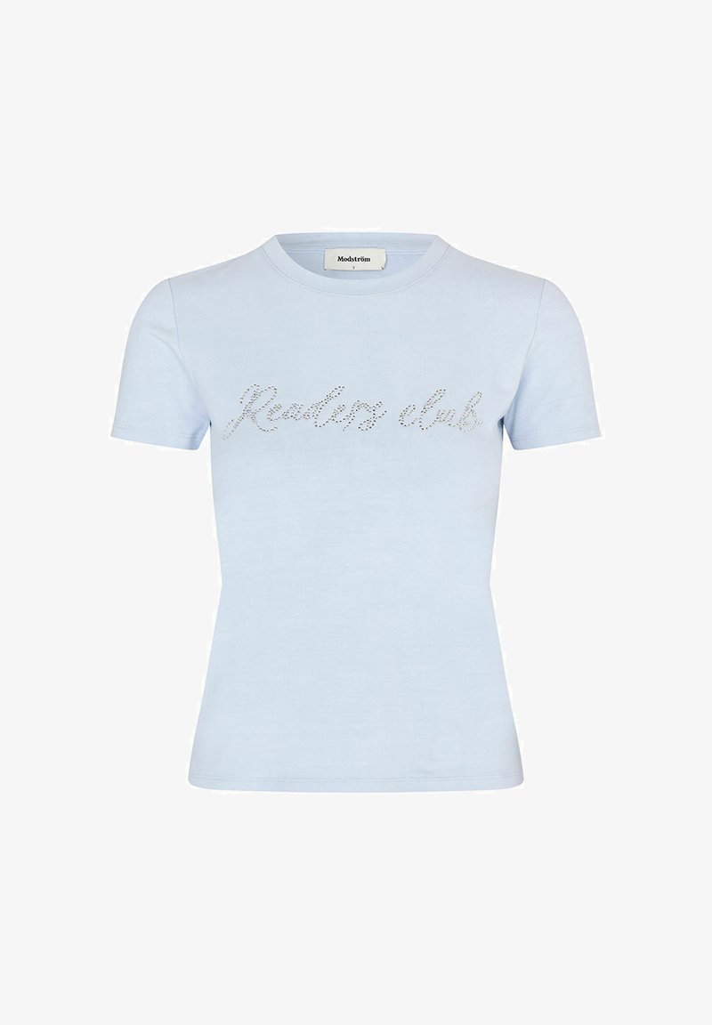 T-shirt bleu clair à manches courtes avec l'inscription « Reading club » en écriture cursive réalisée avec de petits strass sur le devant.