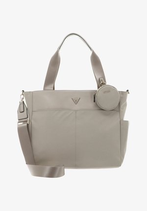 Jasnoszara torba typu tote o gładkiej fakturze, z podwójnymi uchwytami i odpinanym paskiem na ramię. Posiada małą okrągłą saszetkę na monety oraz detal z logo.