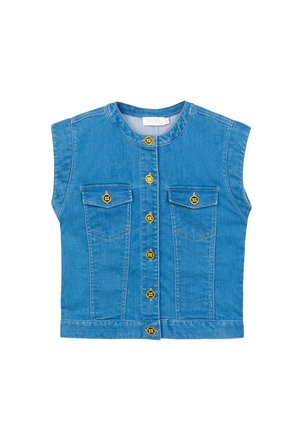 Gilet di jeans blu senza maniche con scollo rotondo, due tasche frontali con patta e sei bottoni dorati sul davanti.