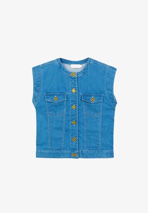 Gilet di jeans blu senza maniche con scollo rotondo, due tasche frontali con patta e sei bottoni dorati sul davanti.