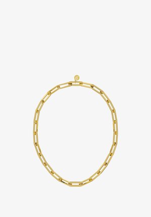 Kuldse tooniga metallketist kaelakee väljatõmmatud linkidega, sileda tekstuuriga ja lukul peene logoga aktsendiga.