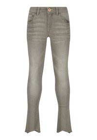 Jeans ajustados en denim gris claro, con cierre de botón, bolsillos frontales y dobladillos acampanados con un borde sin rematar.