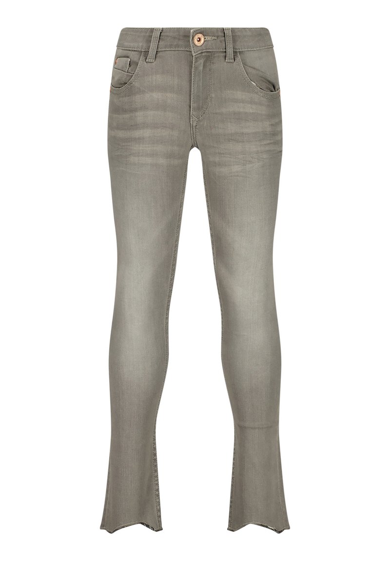 Jeans ajustados en denim gris claro, con cierre de botón, bolsillos frontales y dobladillos acampanados con un borde sin rematar.