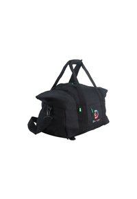 Borsa a duffle nera con manici doppi e tracolla. Presenta dettagli verdi e un logo Discovery colorato sul lato. Texture liscia.