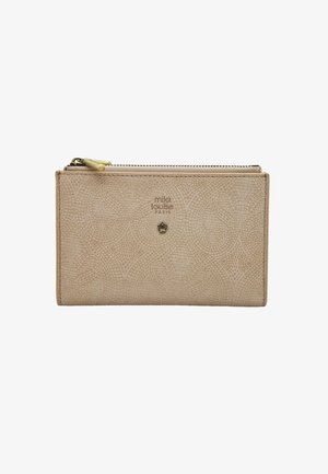 Portefeuille beige avec motif géométrique complexe, deux curseurs de fermeture éclair dorés sur le dessus, logo "mila louise PARIS" et petite étoile décorative à l'avant.