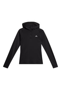 Svart, långärmad tröja med huva och halvdräkt. Tillverkad av slätt tyg med en logotyp på vänster bröst. Raglanärmar för bättre rörelseförmåga.