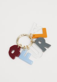 Keychain with gold metal ring and colorful letter charms: red, gray, clear, blue, orange. The letters spell "FUR." Smooth, glossy finish.
