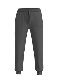 Pantaloni della tuta grigi realizzati in un tessuto morbido. Le caratteristiche includono una vita elastica con cordino, caviglie con polsino e un logo laterale.