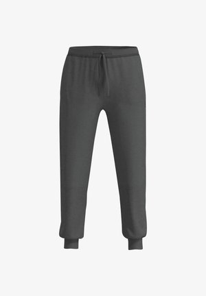 Gray sweatpants made of a soft fabric. Features include an elastic waistband with a drawstring, cuffed ankles, and a side logo detail.