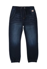 Pantalons jogger en denim bleu foncé avec une taille élastique, fermeture à cordon, poches latérales et poignets froncés. Légère décoloration sur les cuisses.