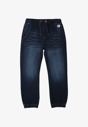Pantalones jogger de denim azul oscuro con cintura elástica, cierre de cordón, bolsillos laterales y puños fruncidos. Ligeramente desgastados en los muslos.
