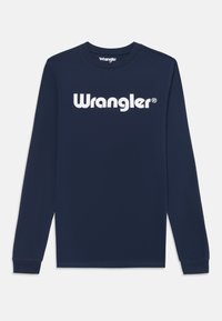 Laivastonsininen pitkähihaisena paita, joka on valmistettu puuvillasta ja jossa on suuri valkoinen "Wrangler"-logo rinnassa sekä tavanomainen pyöreä kaula-aukko.