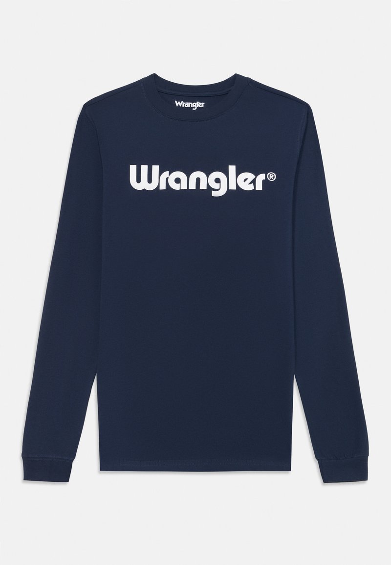 Laivastonsininen pitkähihaisena paita, joka on valmistettu puuvillasta ja jossa on suuri valkoinen "Wrangler"-logo rinnassa sekä tavanomainen pyöreä kaula-aukko.