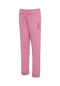 Pantalones deportivos rosas de tela suave, con cinturilla elástica con cordón, bajos con puños y un logo impreso en la parte superior de la pierna.